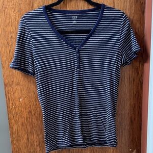 GAP Navy and White Striped V-Neck Tee